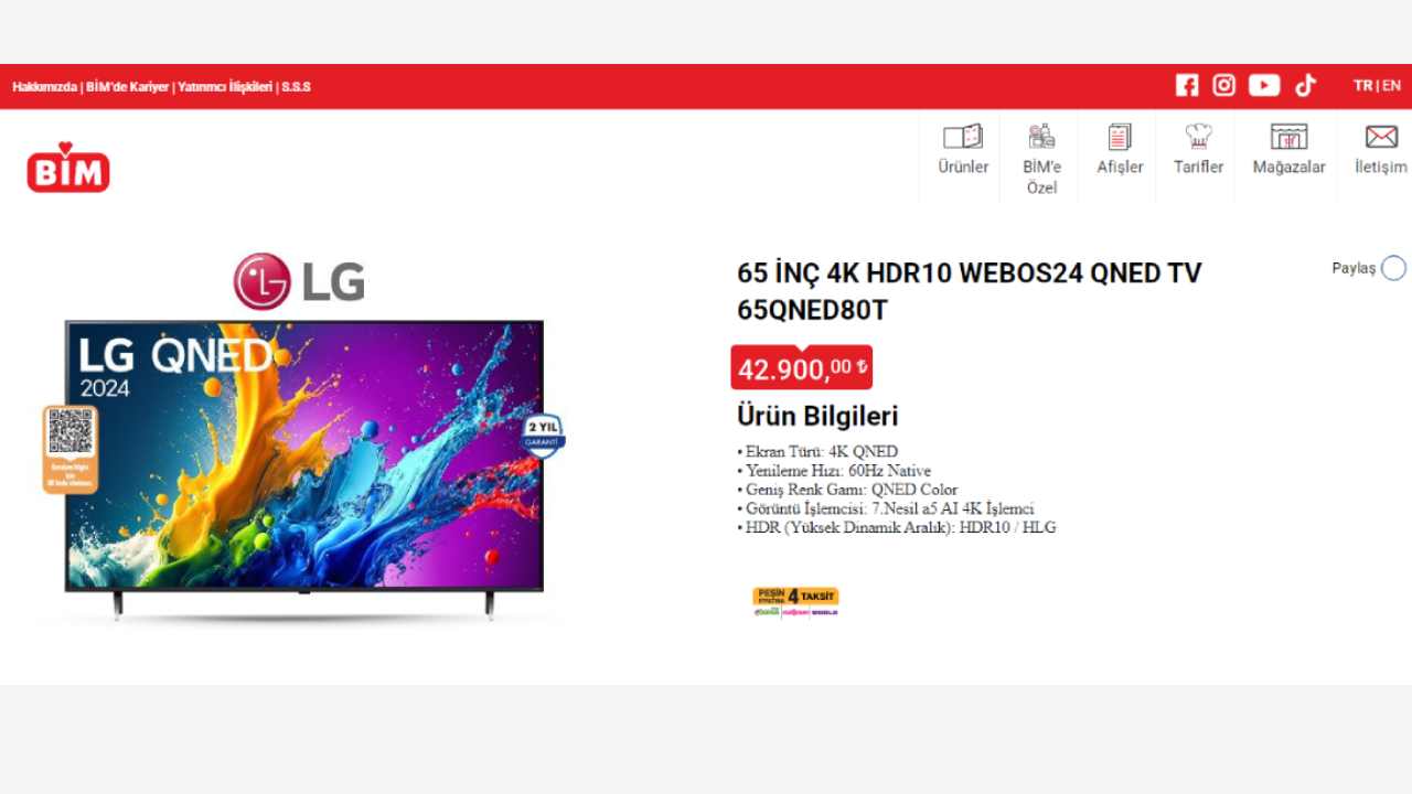 BİM'de 65 İnç G 65QNED80T LG NanoCell TV fiyatı