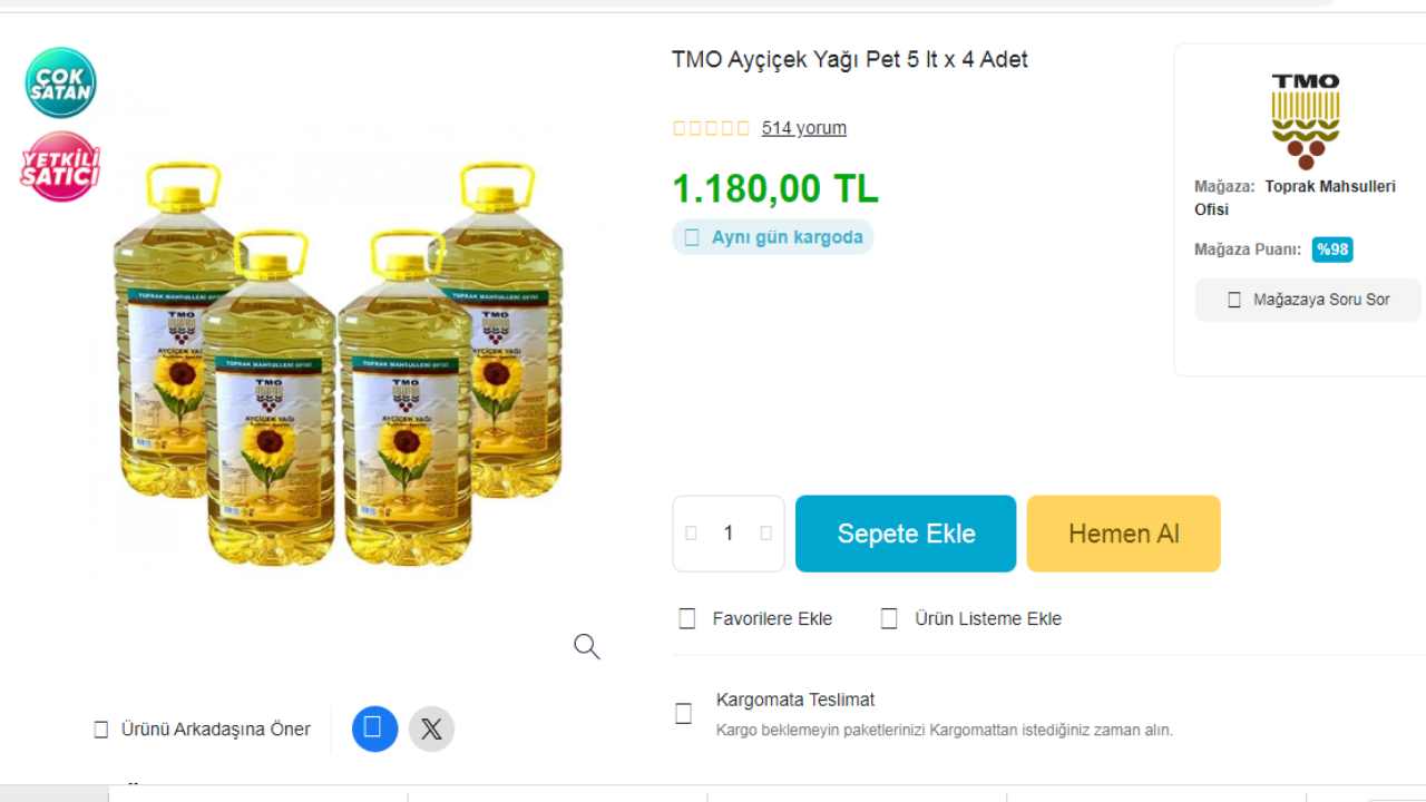TMO Ayçiçek Yağı Pet 5 lt x 4 Adet