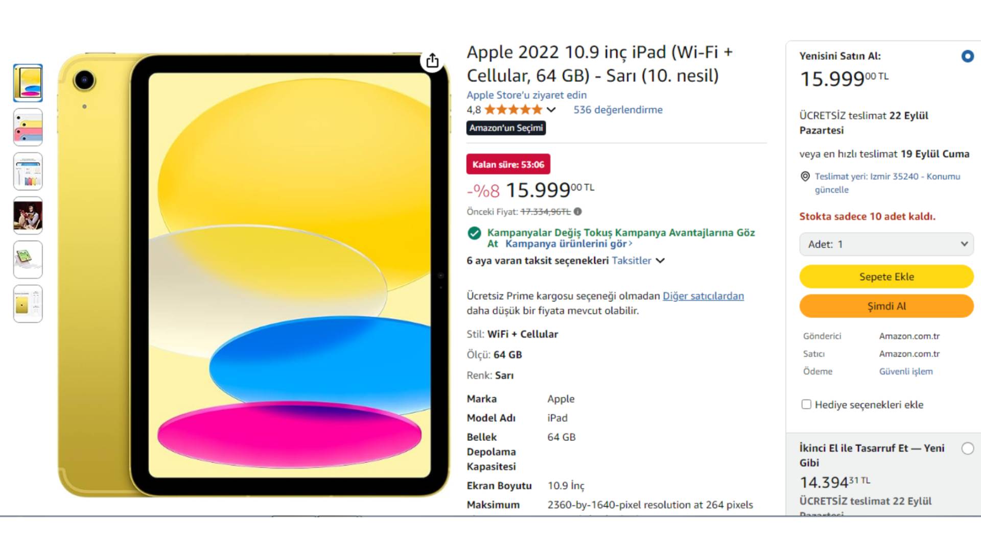 Apple iPad 10.Nesil Wi-Fi + Cellular (MQ6M3TU/A) Tablet (64 GB) Amazon Prime fiyatı