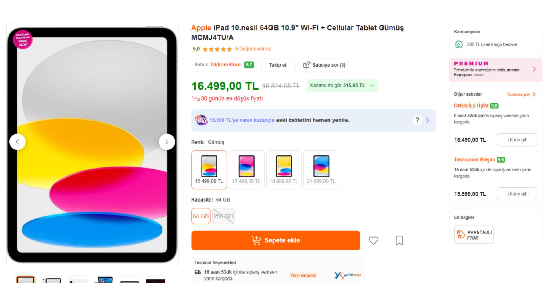 Apple iPad 10.Nesil Wi-Fi + Cellular (MQ6M3TU/A) Tablet (64 GB) Hepsi Burada Fiyatı